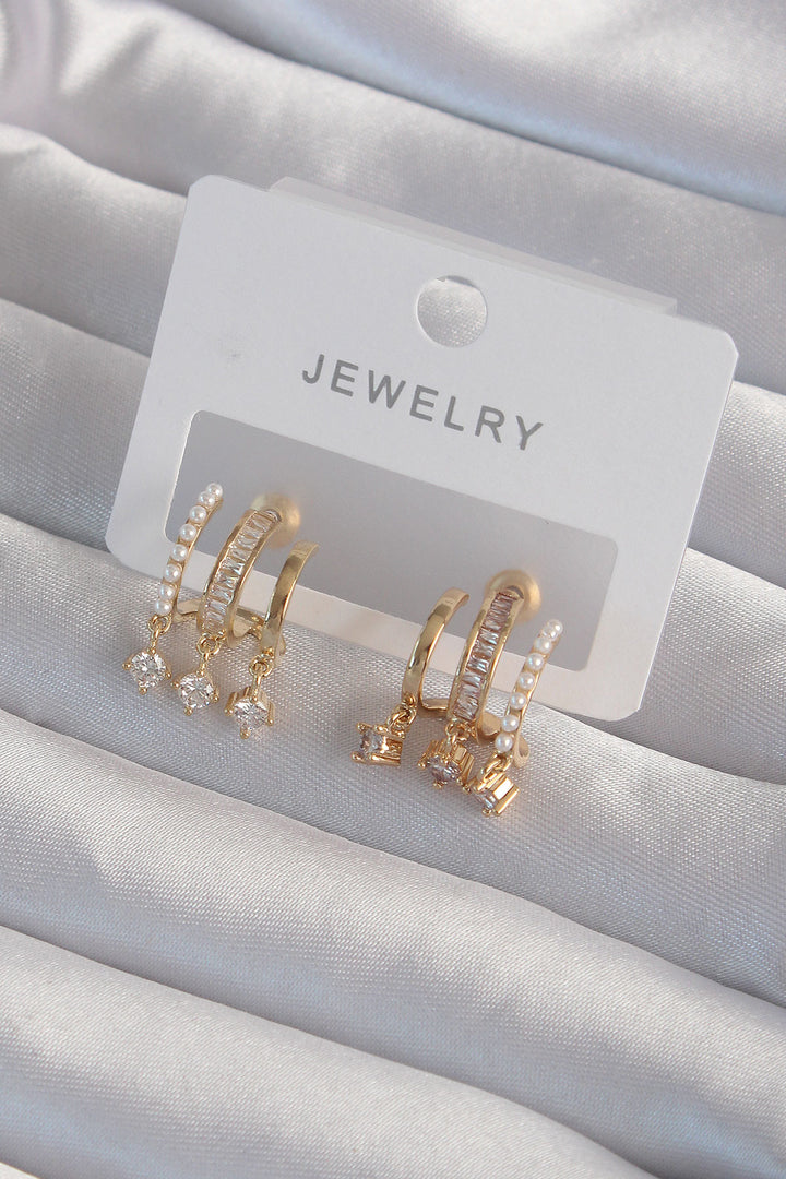 EBJ Half Hoop Earrings with Rice Gold Color Pearl and Multiple Zircon Stones - Green Bay