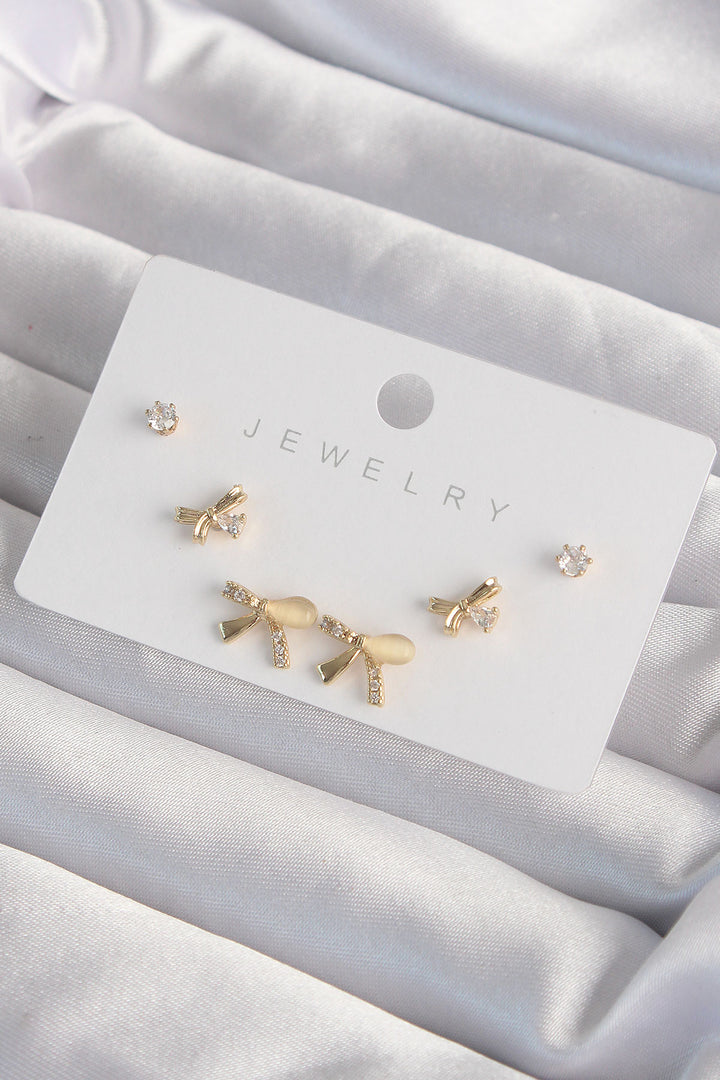 EBJ Rice Gold Color Zircon Stone Bow Model Earring Set - San Ramon