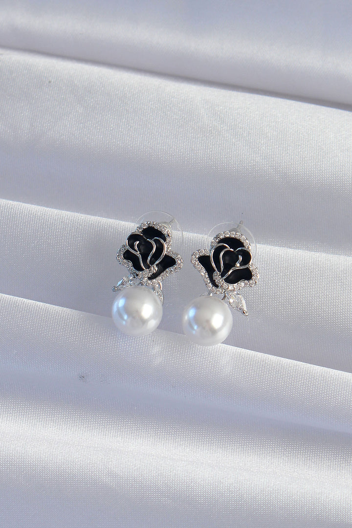 EBJ Rice Silver Color Zircon Stone Pearl Detail Black Rose Earring - Ormond Beach