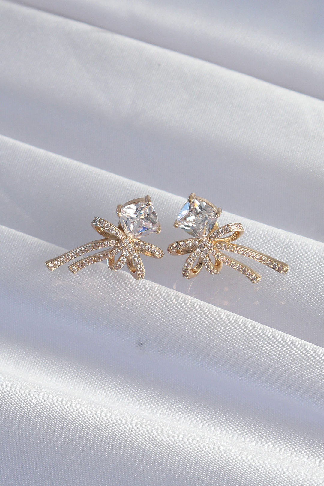 EBJ Rice Gold Color Square Zircon Stone Bow Earring - Tulare