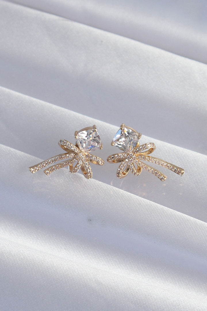 EBJ Rice Gold Color Square Zircon Stone Bow Earring - Tulare