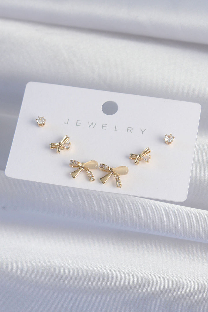 EBJ Rice Gold Color Zircon Stone Bow Model Earring Set - San Ramon