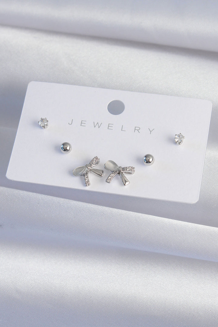 EBJ Rice Silver Color Zircon Stone Bow Model Earring Set - Mérida