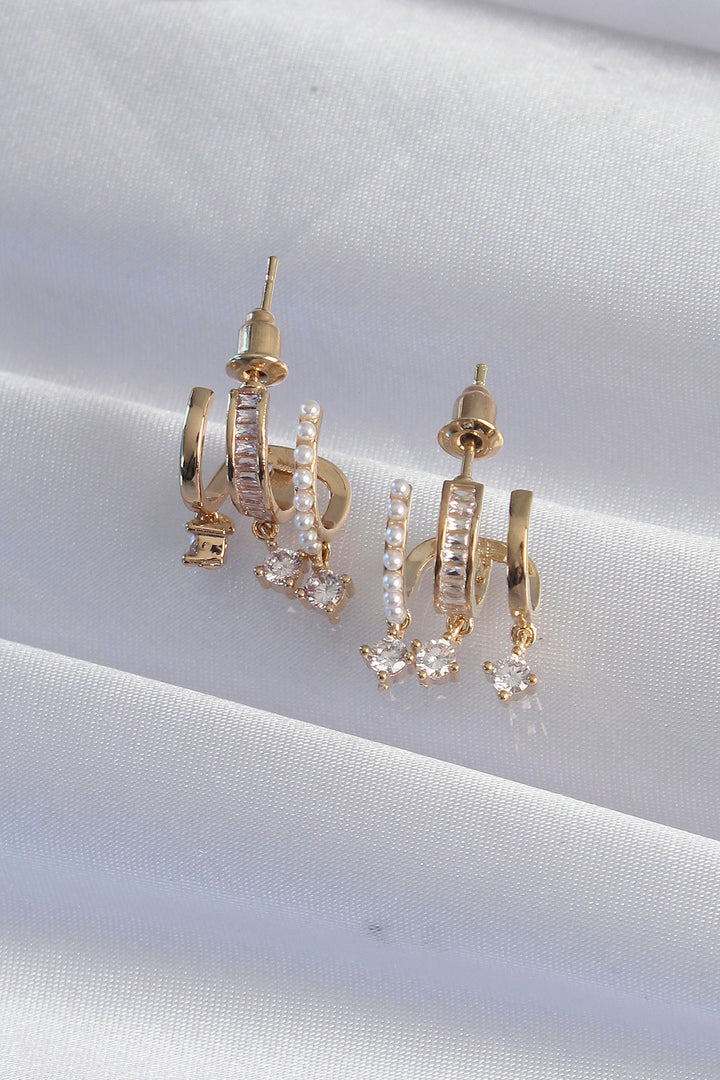 EBJ Half Hoop Earrings with Rice Gold Color Pearl and Multiple Zircon Stones - Green Bay