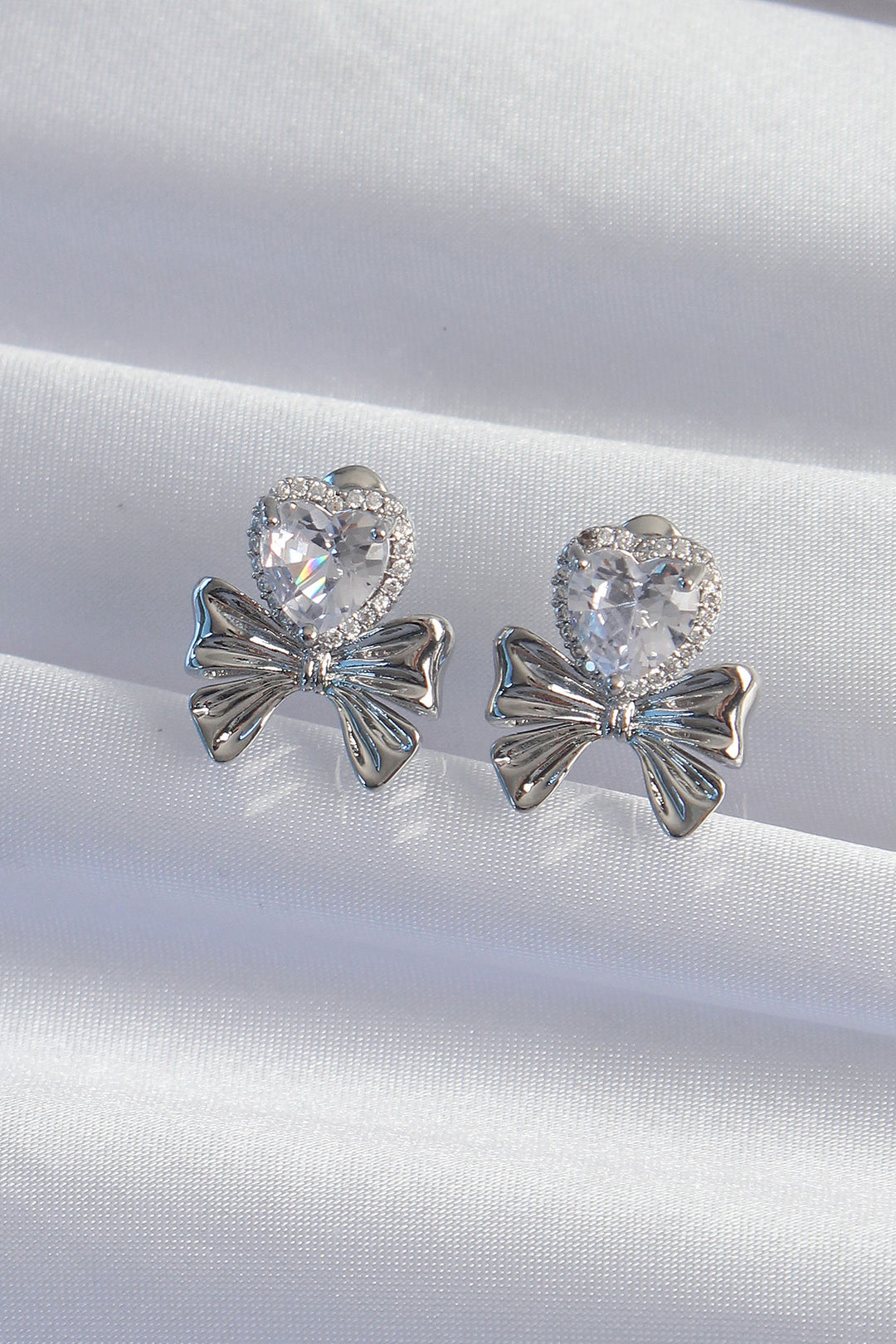 EBJ Rice Silver Color Zircon Stone Heart Model Bow Earring - Sunrise