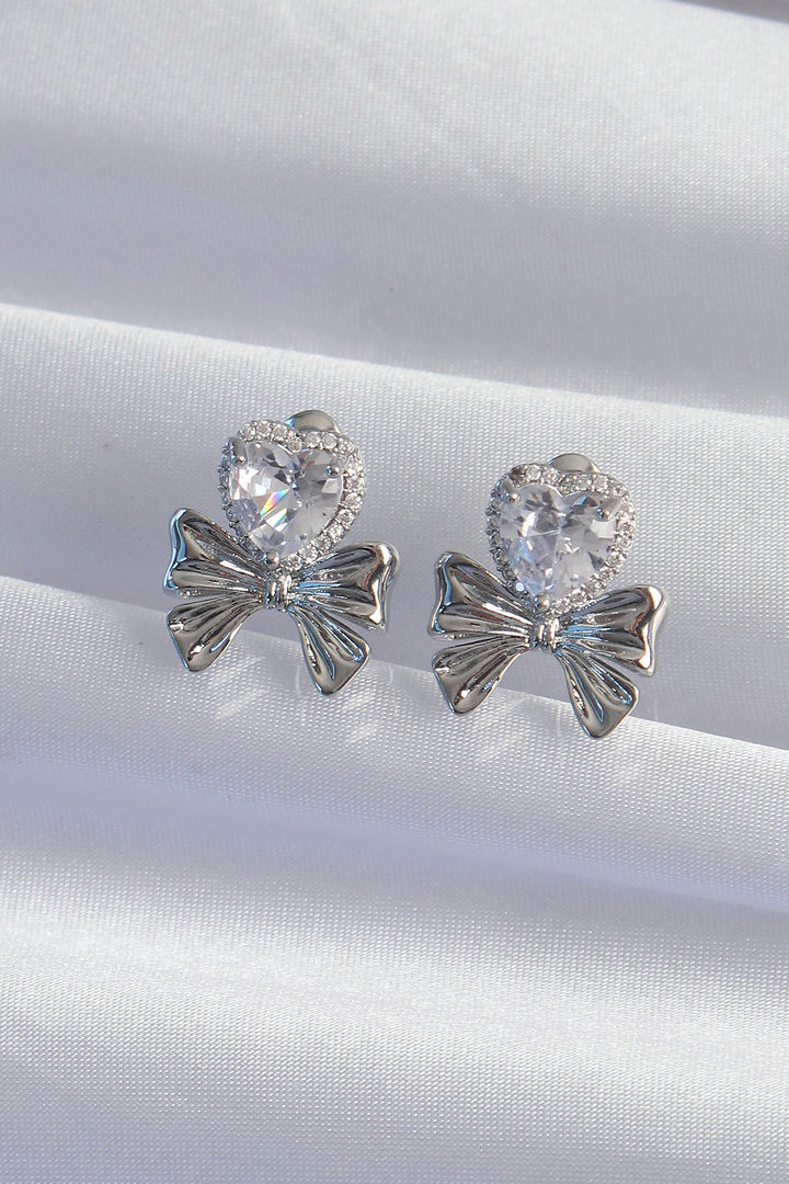 EBJ Rice Silver Color Zircon Stone Heart Model Bow Earring - Sunrise