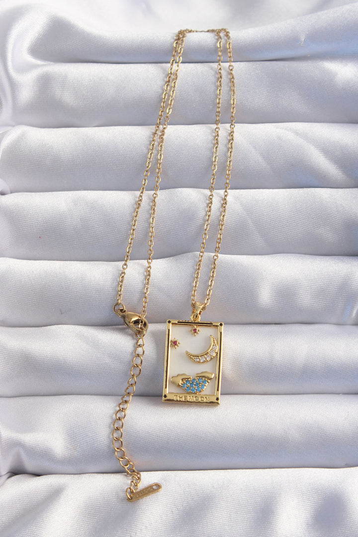 EBJ 316L Steel Chain Gold Color Moon Detail Blue Zircon Stone Tarot Necklace - Alchevsk