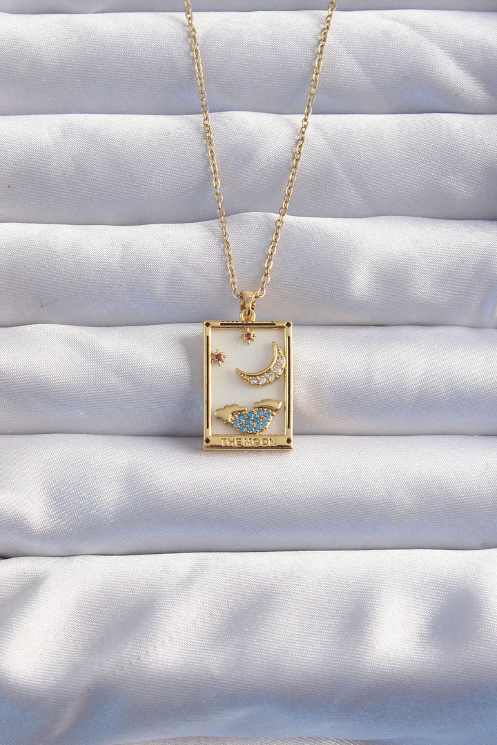 EBJ 316L Steel Chain Gold Color Moon Detail Blue Zircon Stone Tarot Necklace - Alchevsk