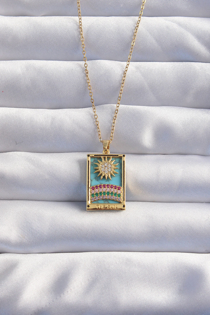 EBJ 316L Steel Chain Gold Color Sun Detail Colorful Zircon Stone Tarot Necklace - Oshawa