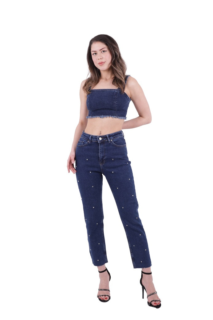 XLJ High Waisted Mom Fit Jean with Drops and Fringe Ending Mixed - Pearland