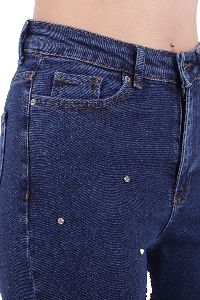 XLJ High Waisted Mom Fit Jean with Drops and Fringe Ending Mixed - Pearland