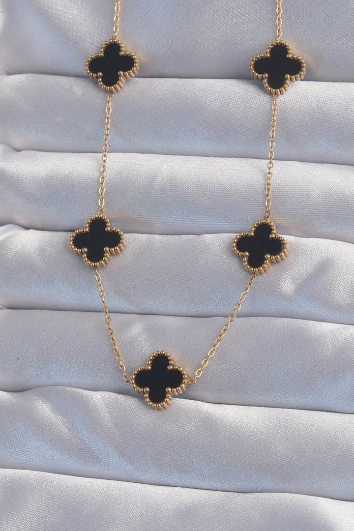 EBJ 316L Steel Gold Color Black Enamel Clover Necklace - Crawley