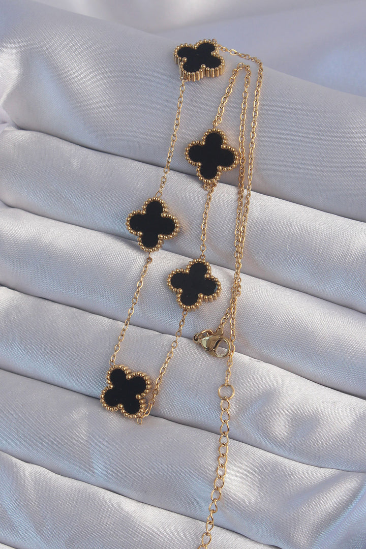 EBJ 316L Steel Gold Color Black Enamel Clover Necklace - Crawley