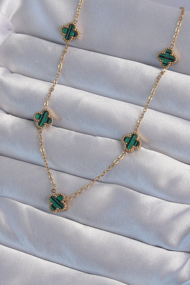 EBJ 316L Steel Gold Color Minimal Green Enamel Clover Necklace - Florence