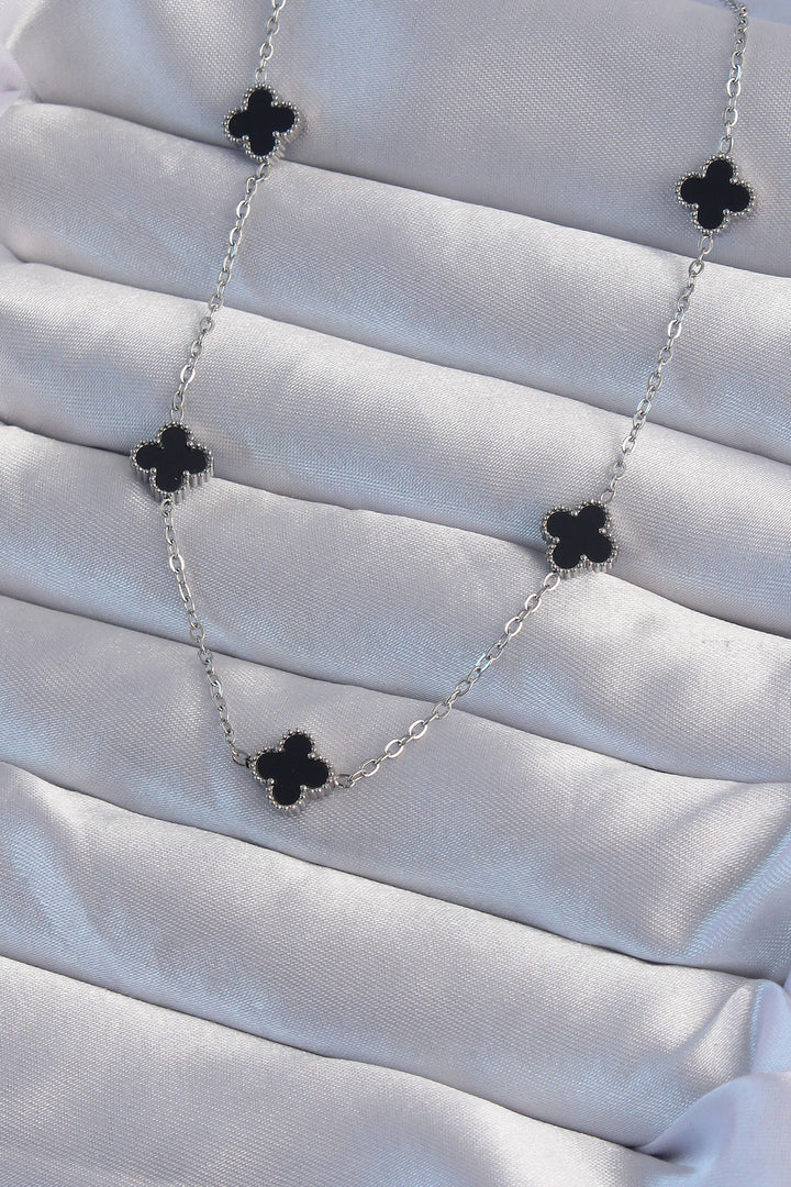 EBJ 316L Stainless Steel Silver Color Minimal Black Enamel Clover Necklace - Toulouse