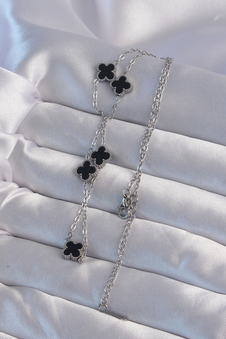 EBJ 316L Stainless Steel Silver Color Minimal Black Enamel Clover Necklace - Toulouse