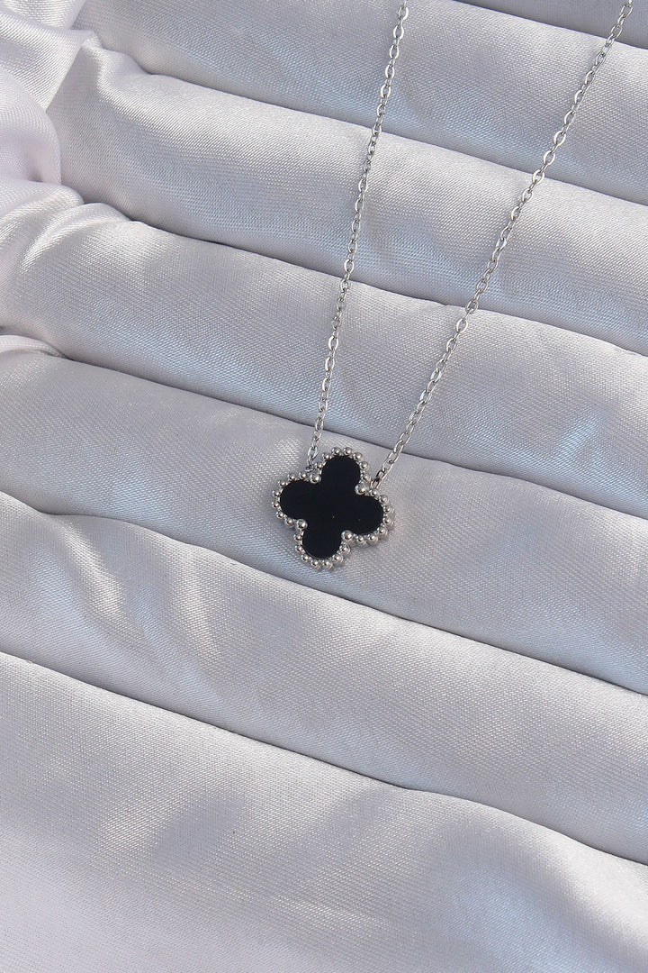 EBJ 316L Stainless Steel Silver Color Black Enamel Clover Necklace - Sydney
