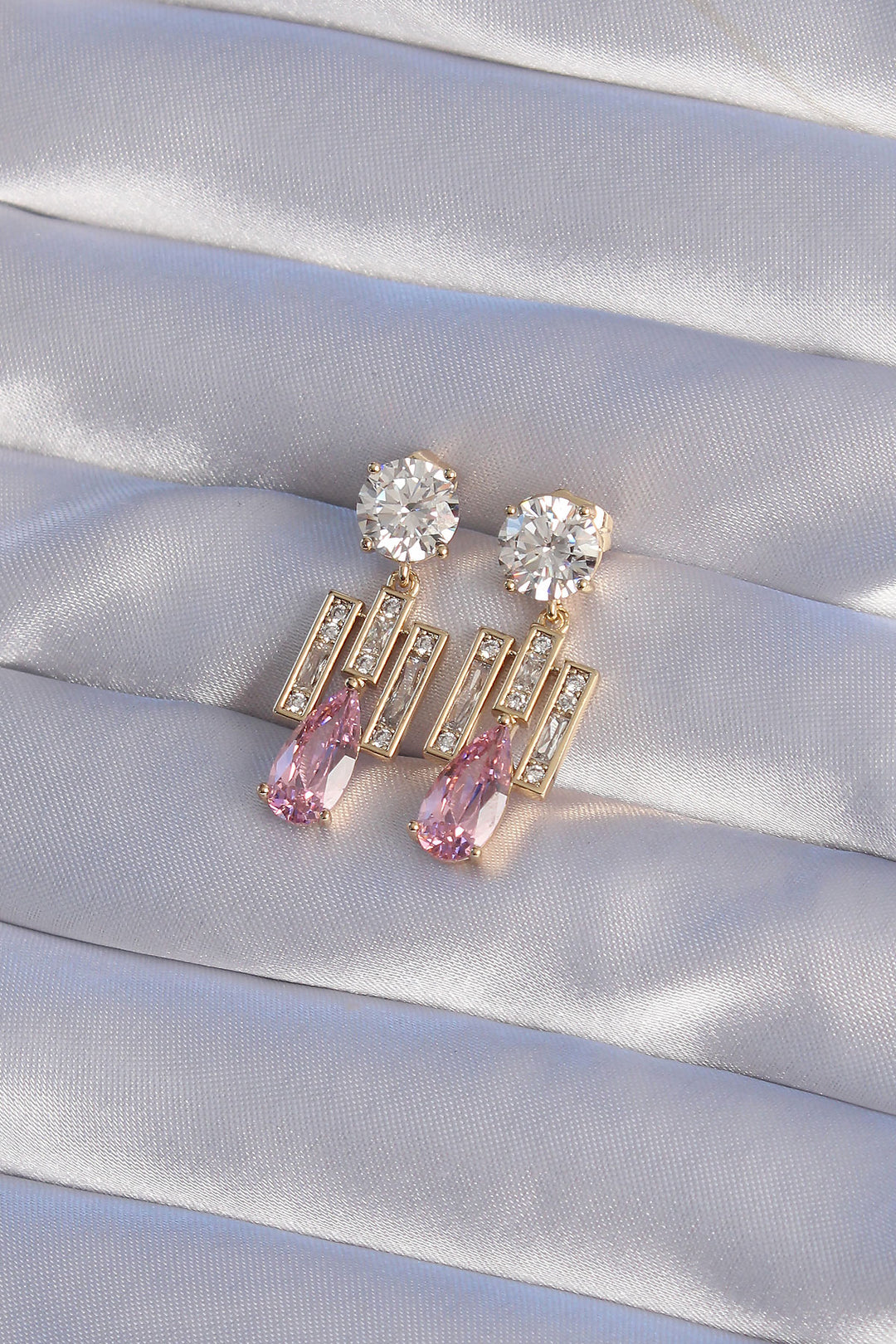 EBJ XUPİNG Gold Color Pink Zircon Stone Drop Model Striped Earrings - Buena Park