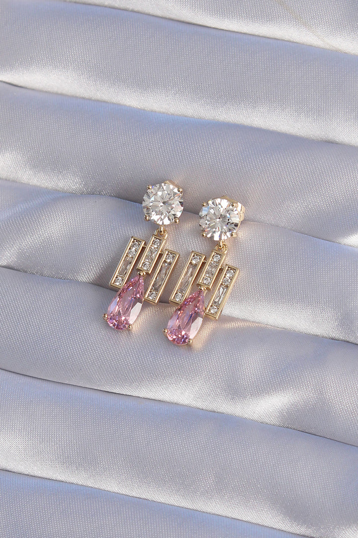 EBJ XUPİNG Gold Color Pink Zircon Stone Drop Model Striped Earrings - Buena Park