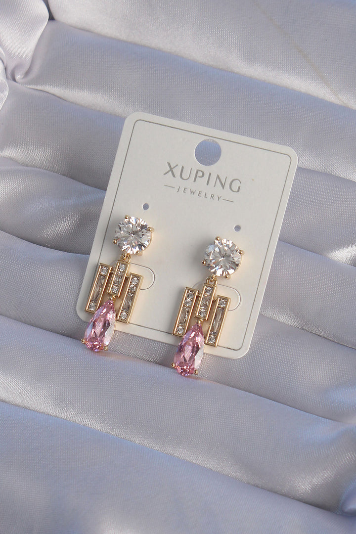 EBJ XUPİNG Gold Color Pink Zircon Stone Drop Model Striped Earrings - Buena Park