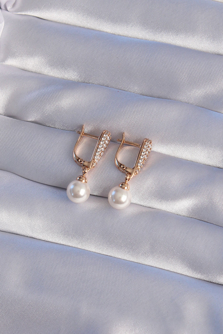 EBJ XUPİNG Rose Color Pearl Stone Half Hoop Dangle Earrings - Acilia