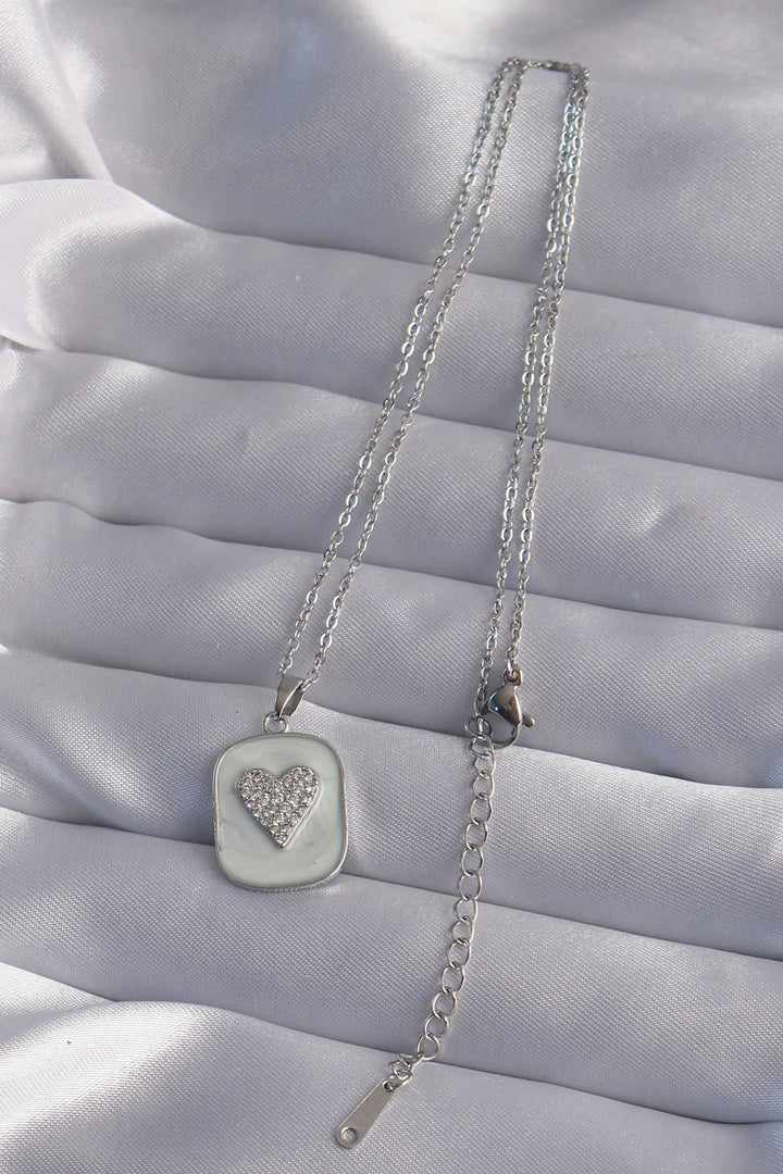 EBJ 316L Stainless Steel Chain Marble Pattern Silver Color Zircon Stone Heart Model Necklace - Namur