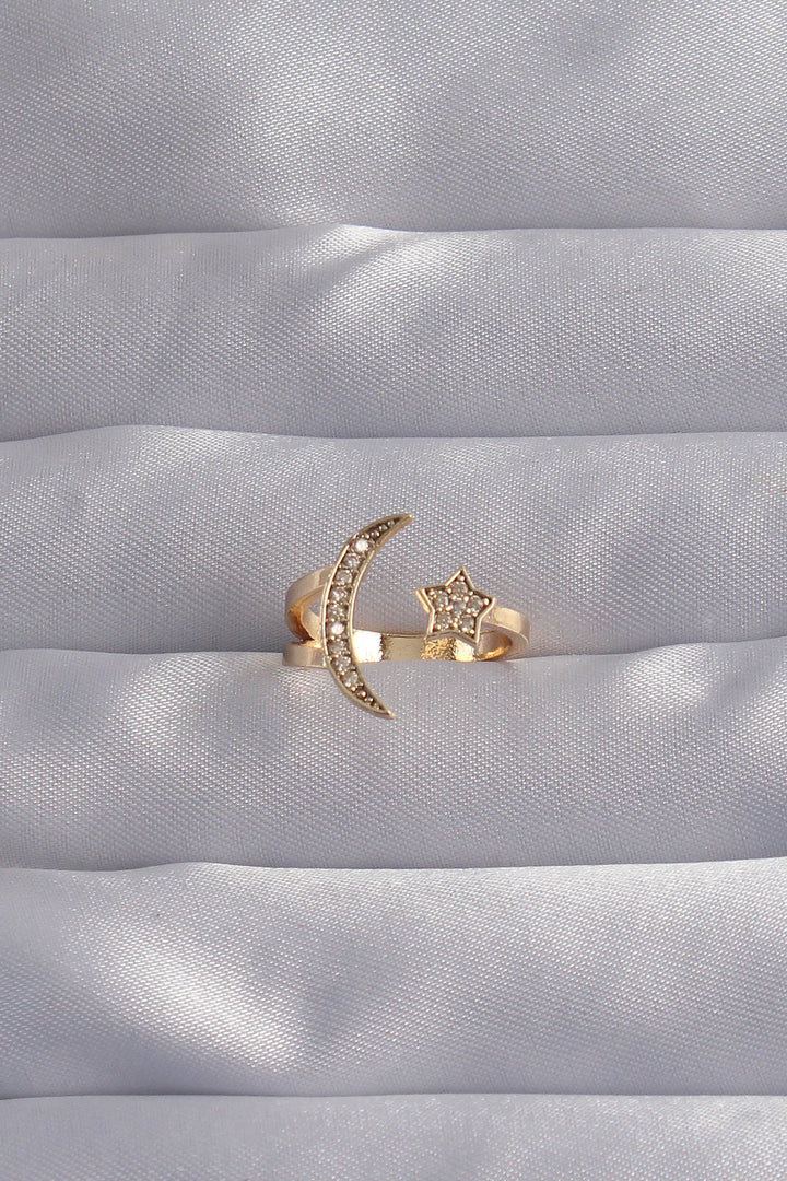 EBJ Adjustable Ring with Rice Gold Color Zircon Stone Crescent Star Model - Rîbniţa