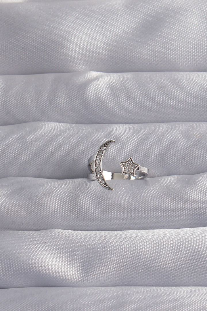 EBJ Adjustable Ring with Rice Silver Color Zircon Stone Crescent Star Model - Cwmbran