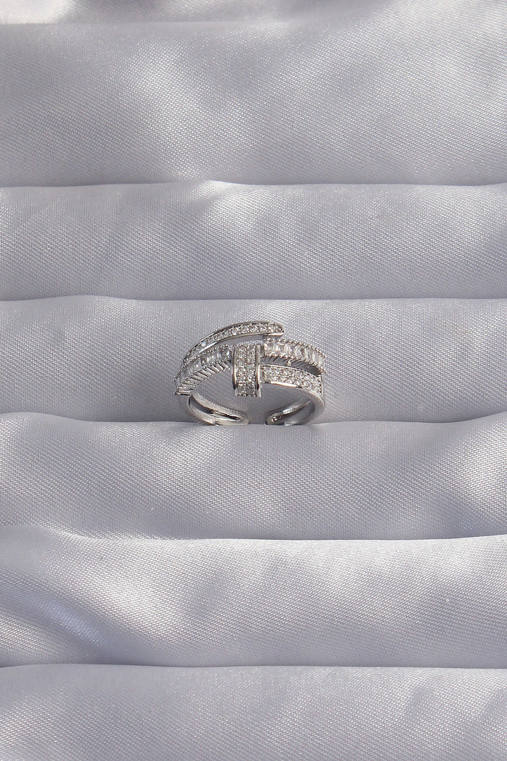 EBJ Adjustable Silver Color Zircon Stone Curved Nail Ring - Gera