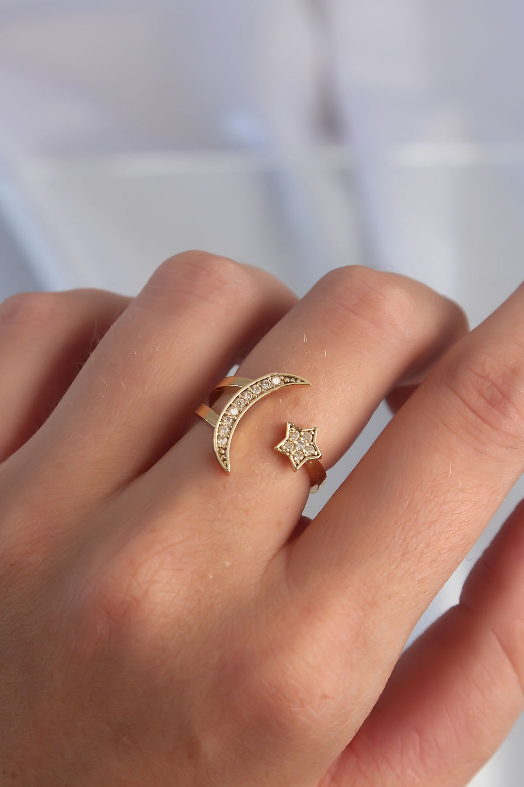 EBJ Adjustable Ring with Rice Gold Color Zircon Stone Crescent Star Model - Rîbniţa