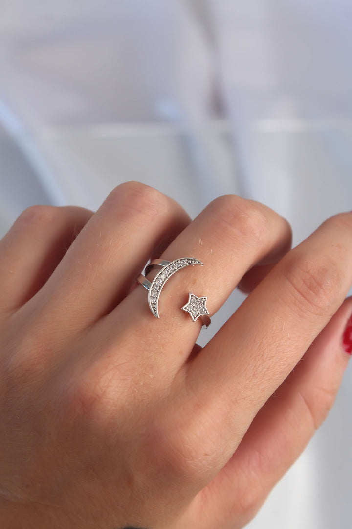 EBJ Adjustable Ring with Rice Silver Color Zircon Stone Crescent Star Model - Cwmbran