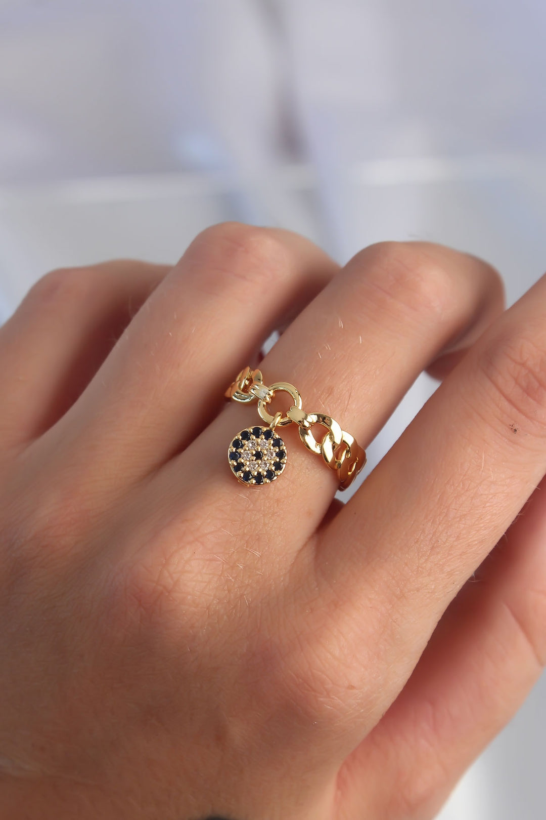 EBJ Adjustable Ring with Rice Gold Color Zircon Stone Evil Eye Bead Model - Daugavpils