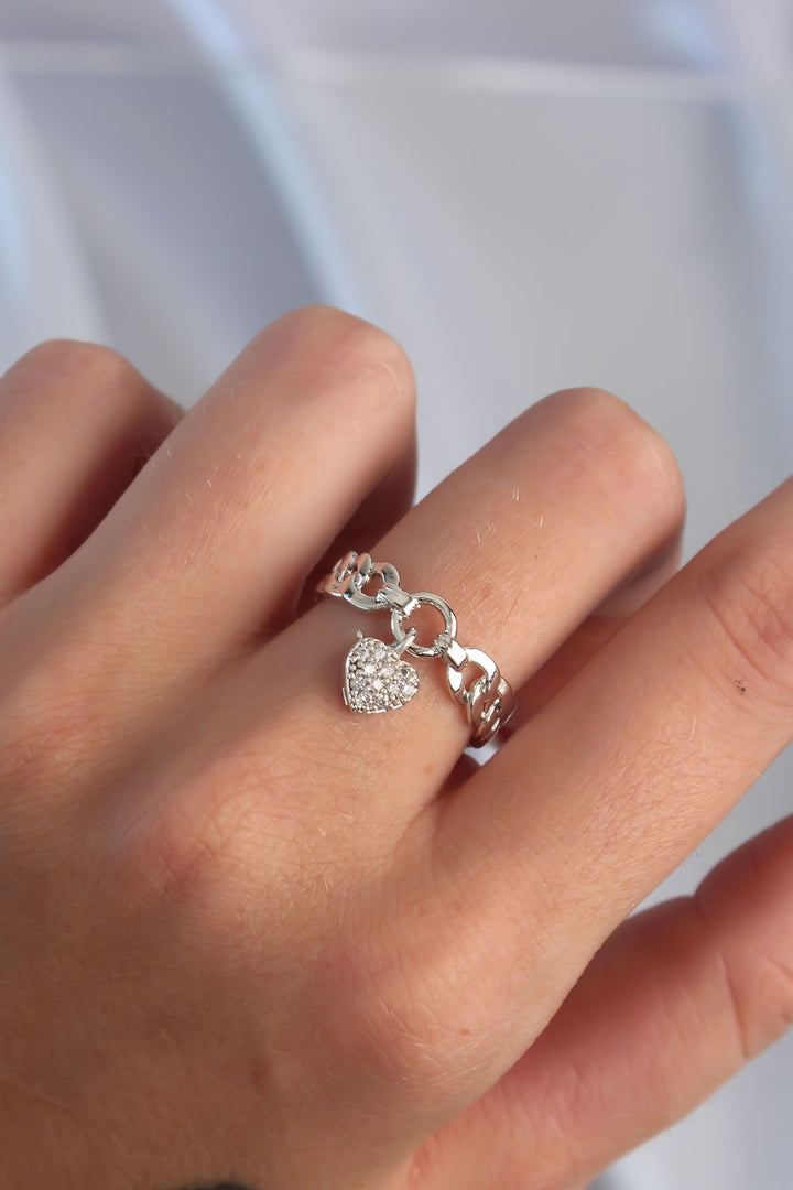 EBJ Adjustable Ring with Heart Shaped Zircon Stone in Silver Color Rice - Montgomery
