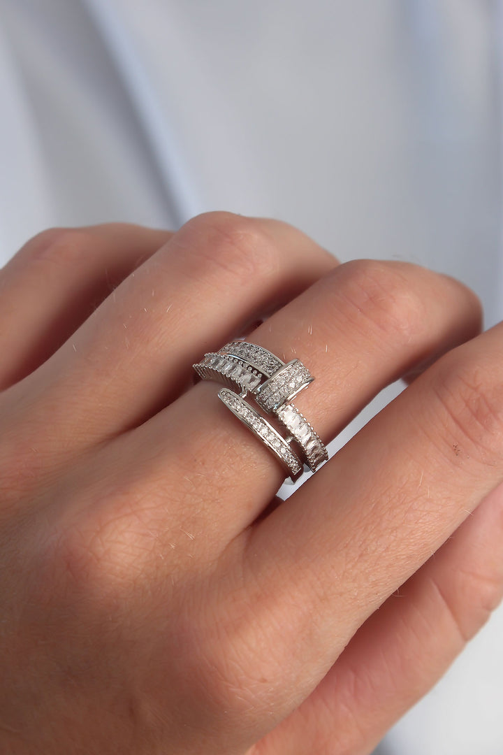 EBJ Adjustable Silver Color Zircon Stone Curved Nail Ring - Gera