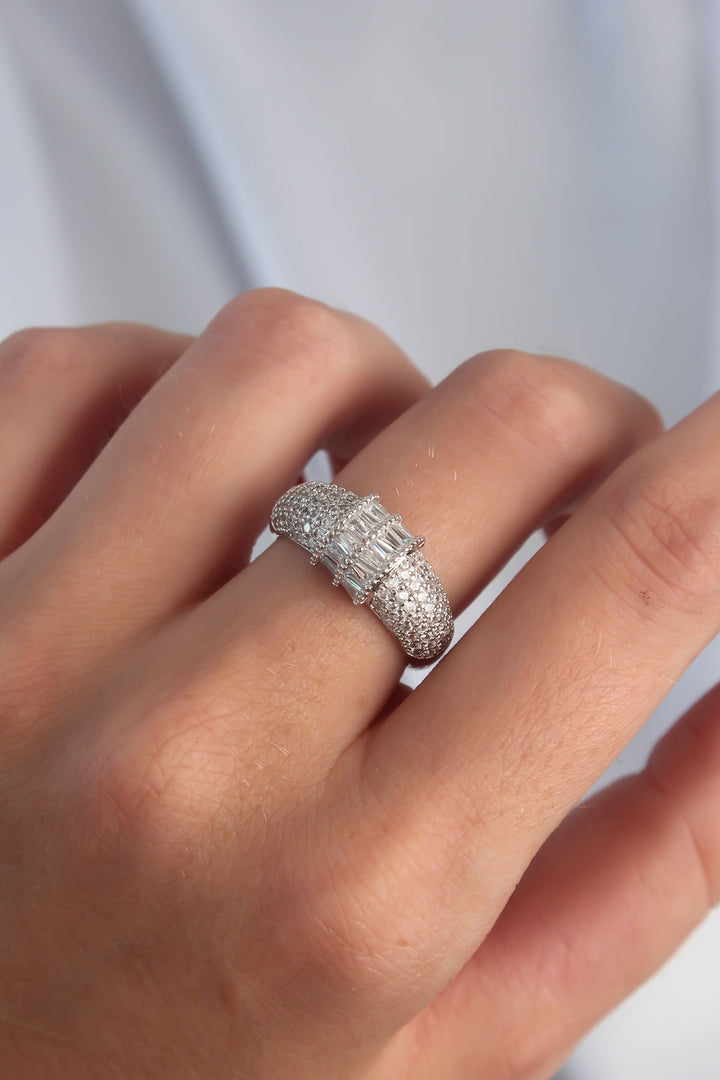 EBJ Rice Adjustable Silver Color Zircon Stone Domed Ring - Piraeus