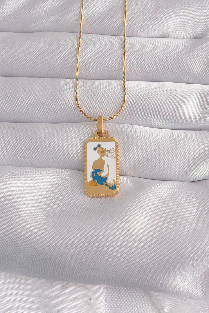 EBJ 316L Steel Gold Color White Enamel Girl Figure Tarot Necklace - Sevastopol