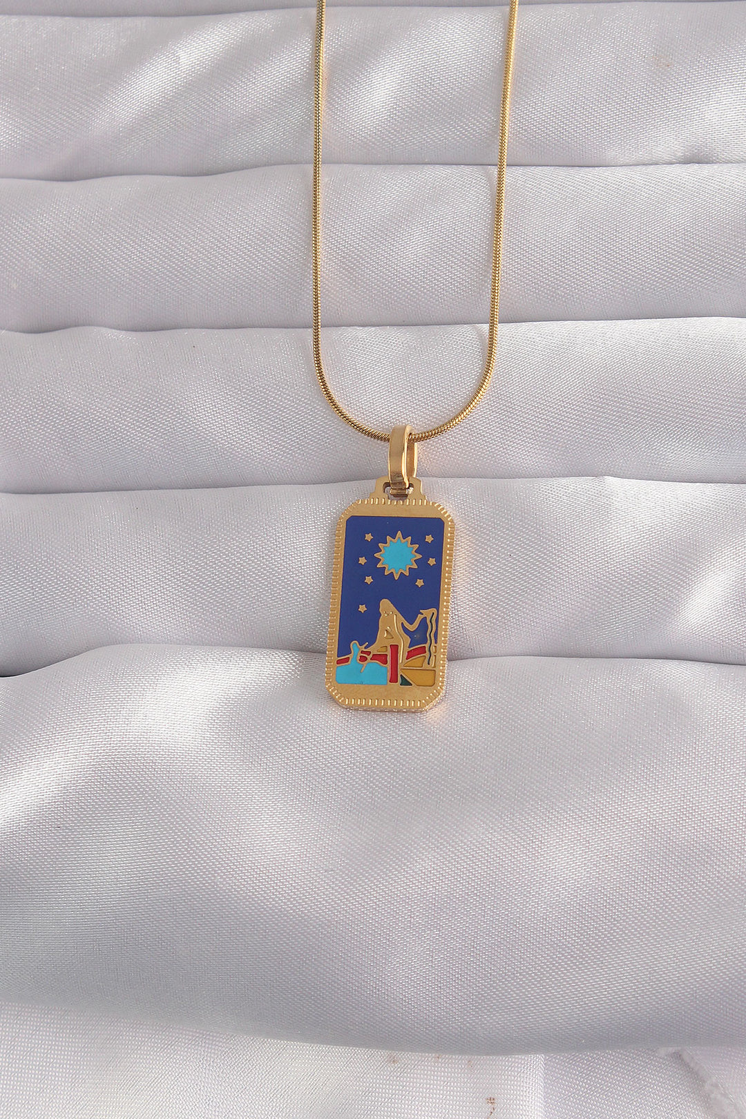 EBJ 316L Steel Gold Color Blue Enamel Girl Figure Tarot Necklace - Council Bluffs
