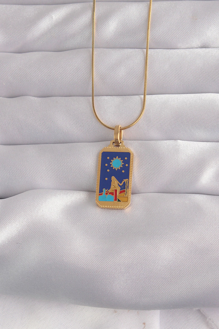 EBJ 316L Steel Gold Color Blue Enamel Girl Figure Tarot Necklace - Council Bluffs