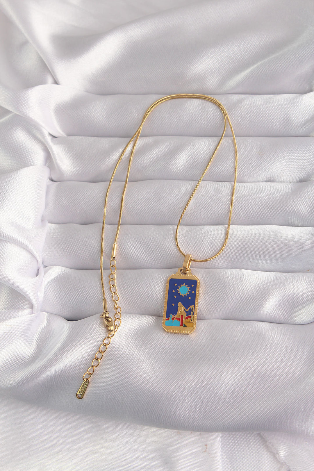 EBJ 316L Steel Gold Color Blue Enamel Girl Figure Tarot Necklace - Council Bluffs