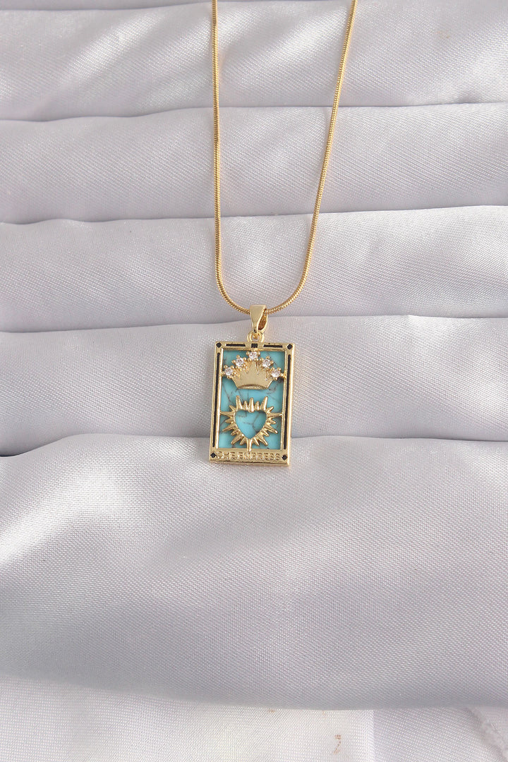 EBJ 316L Steel Gold Color Zircon Stone Blue Enamel Crowned Heart Figure Tarot Necklace - Basingstoke