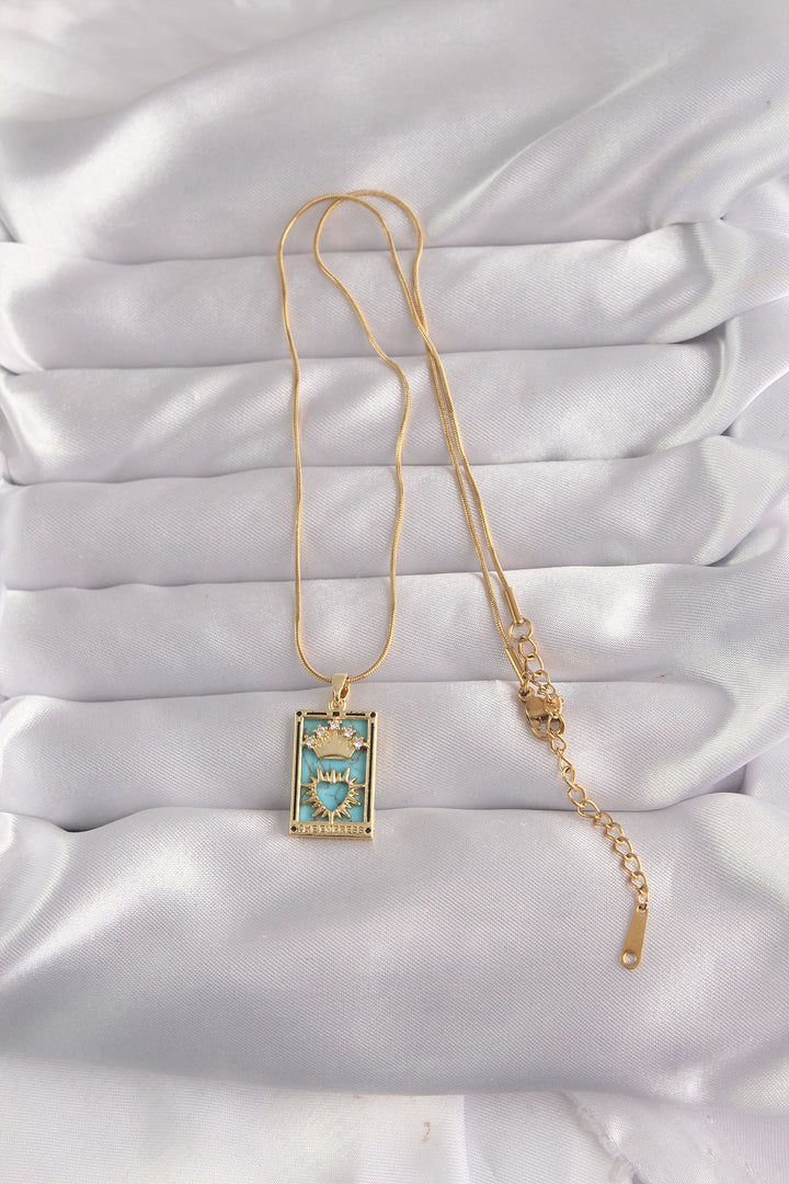 EBJ 316L Steel Gold Color Zircon Stone Blue Enamel Crowned Heart Figure Tarot Necklace - Basingstoke
