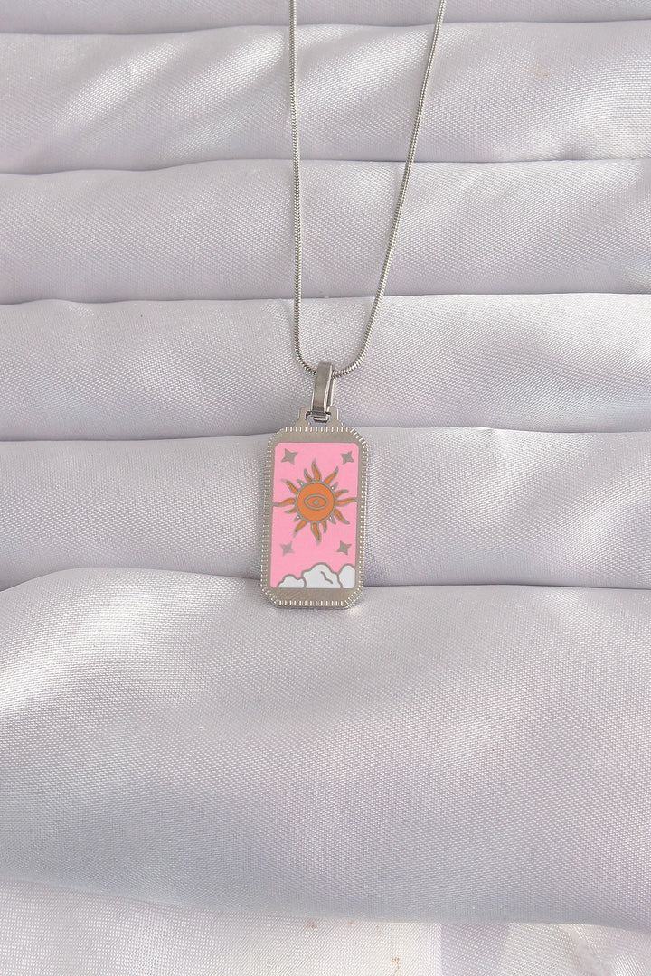 EBJ 316L Stainless Steel Silver Color Pink Enamel Sun Design Tarot Necklace - Hermosillo
