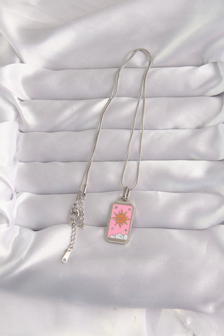 EBJ 316L Stainless Steel Silver Color Pink Enamel Sun Design Tarot Necklace - Hermosillo
