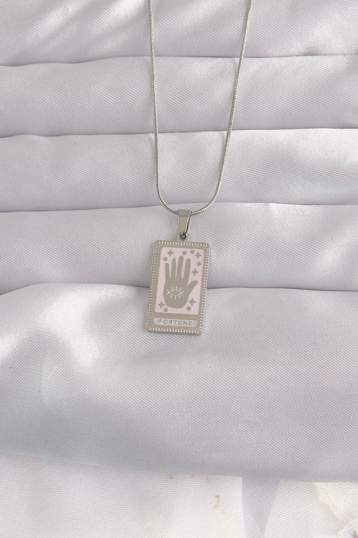 EBJ 316L Steel Silver Color Pink Enamel Hand Figure Tarot Necklace - Syracuse