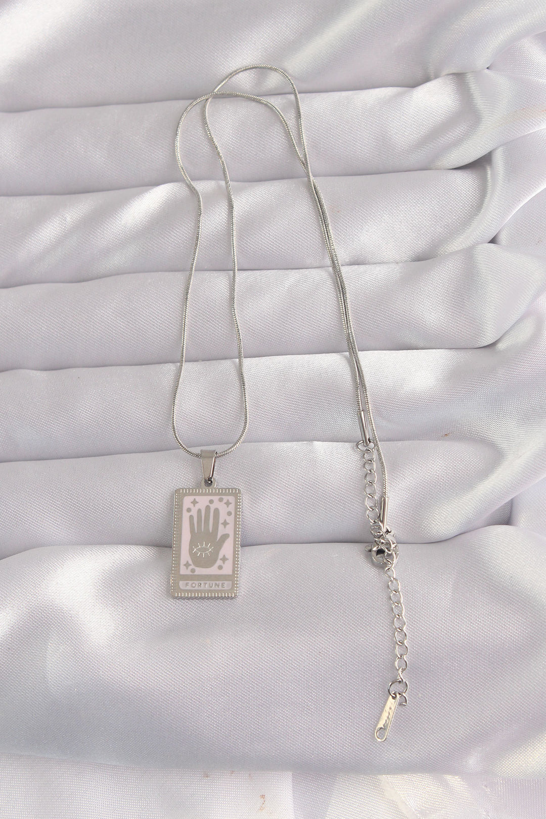 EBJ 316L Steel Silver Color Pink Enamel Hand Figure Tarot Necklace - Syracuse