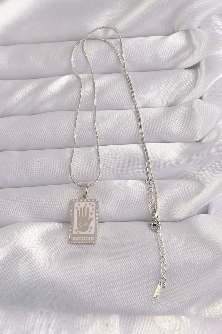 EBJ 316L Steel Silver Color Pink Enamel Hand Figure Tarot Necklace - Syracuse