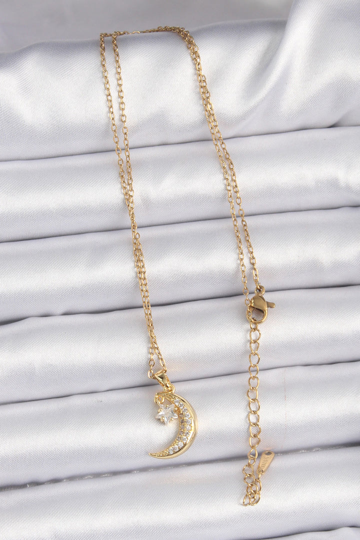 EBJ 316L Stainless Steel Chain Gold Color Zircon Stone Pendant Crescent Moon Star Necklace - Hoffman Estates