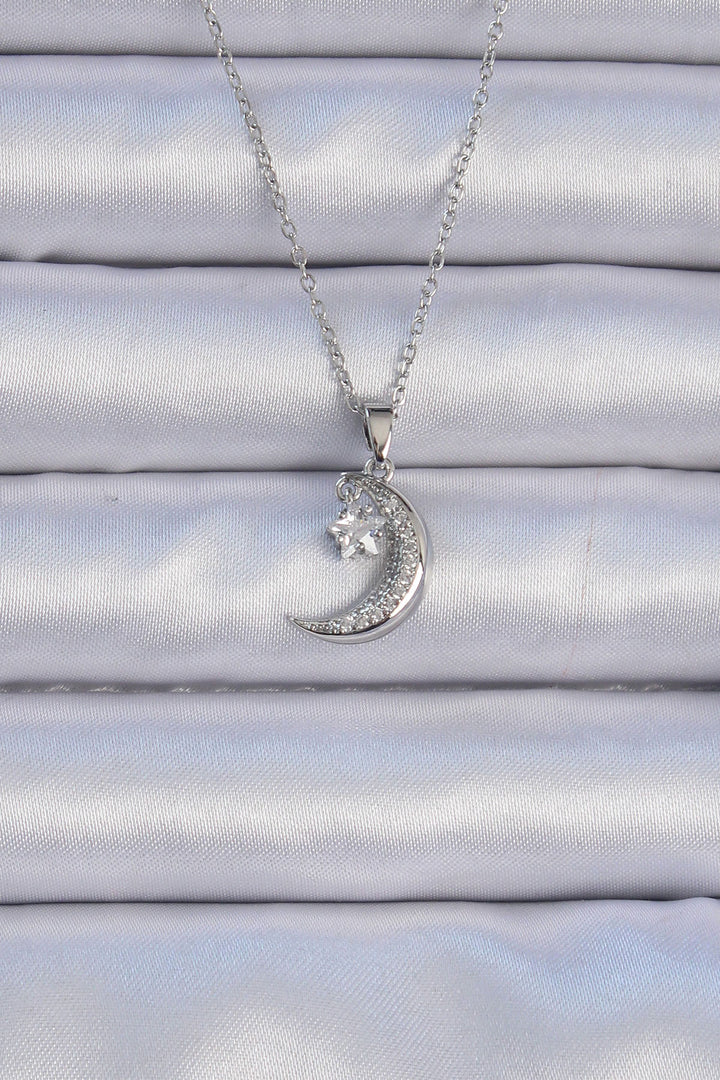 EBJ 316L Stainless Steel Chain Silver Color Zircon Stone Dangling Crescent Moon Star Necklace - Thunder Bay
