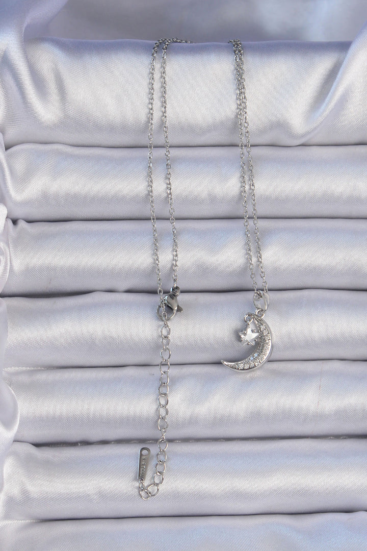 EBJ 316L Stainless Steel Chain Silver Color Zircon Stone Dangling Crescent Moon Star Necklace - Thunder Bay