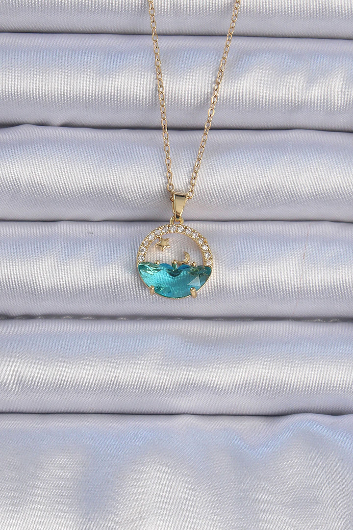 EBJ 316L Stainless Steel Chain Gold Color with Zircon Stone Sea View Star and Crescent Necklace - La Crosse
